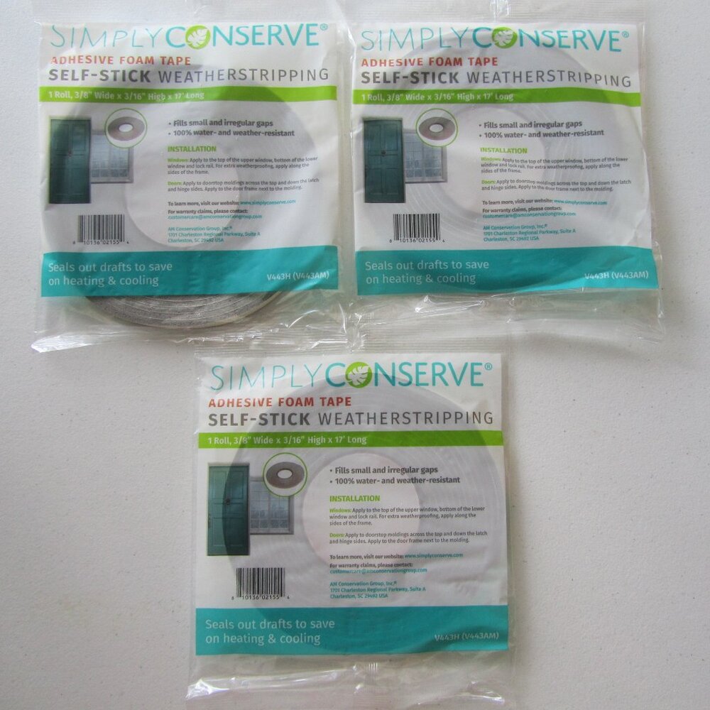 Simply Conserve 3 Packs Adhesive Foam Tape Energy Saving Self-Stick Weatherstrip